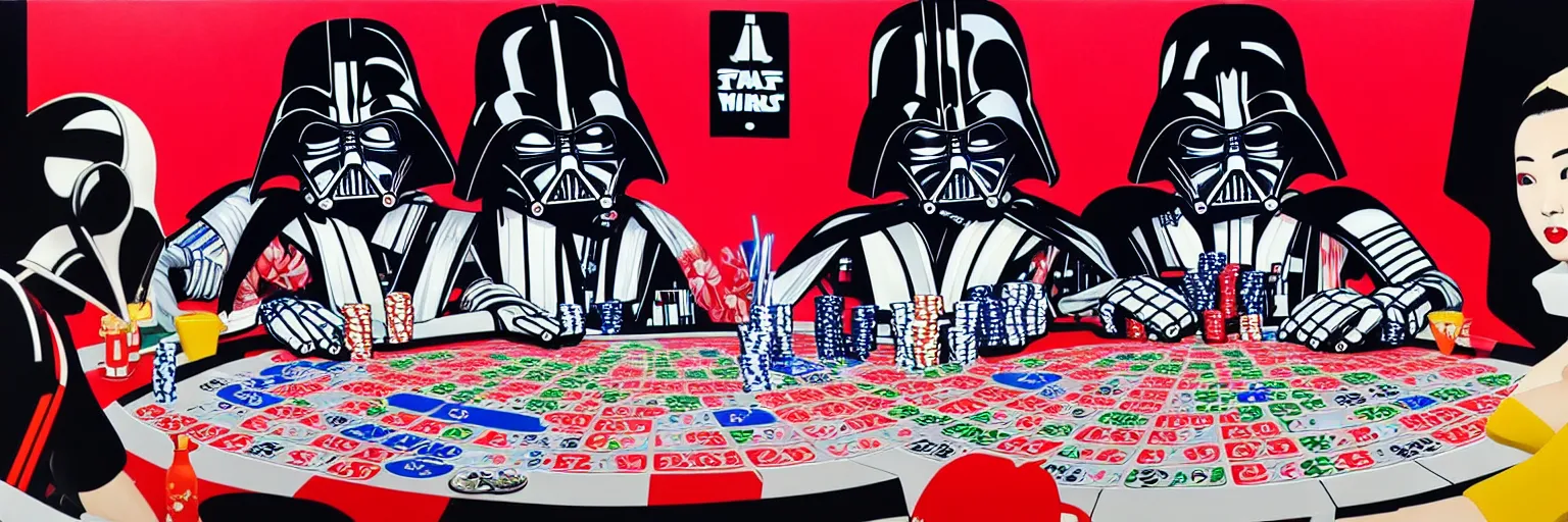 Image similar to hyperrealism composition of the detailed woman in a japanese kimono sitting at an extremely detailed poker table with darth vader and stormtrooper, ( ( r 2 d 2 ) ), ( ( c 3 po ) ), fireworks on the background, pop - art style, jacky tsai style, andy warhol style, acrylic on canvas