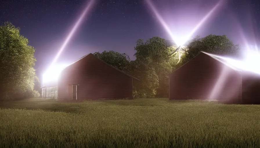 Image similar to a ufo emitting a beam of light floats over a barn with a broken roof, debris is ascending toward the ufo, volumetric lighting, night, photorealistic rendering, color palette, 8 k, hyperdetailed