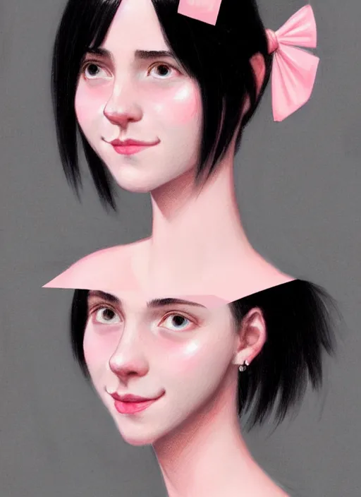 Image similar to portrait of teenage girl, realistic, black hair, bangs, half updo hairstyle, pointy nose, skinny, smile, ugly, defined jawline, big chin, pink hair bow, earrings, intricate, elegant, glowing lights, highly detailed, digital painting, artstation, sharp focus, illustration, art by wlop, mars ravelo and greg rutkowski