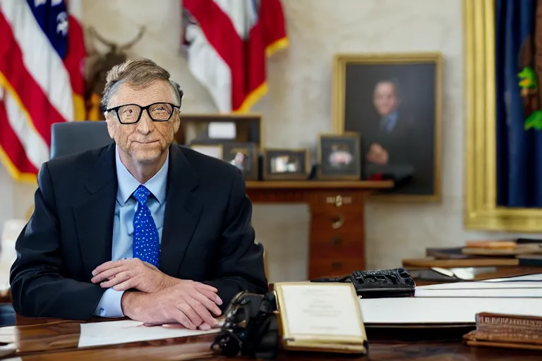 Image similar to president bill gates gives an emergency oval office address, sitting at the resolute desk, circa 2 0 2 2, professional photo, dslr, bokeh