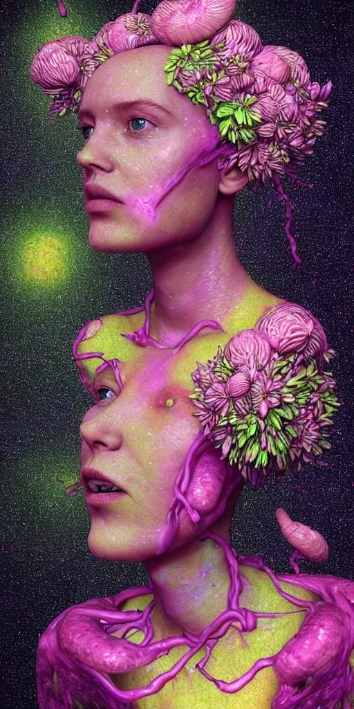 Image similar to hyper detailed 3d render like a Oil painting - portrait sculpt of Aurora (Singer) seen Eating of the Strangling network of yellowcake aerochrome and milky Fruit that covers her body and Her delicate Hands hold of gossamer polyp blossoms bring iridescent fungal flowers whose spores black the foolish stars by Jacek Yerka, Mariusz Lewandowski, Houdini algorithmic generative render, Abstract brush strokes, Masterpiece, Edward Hopper and James Gilleard, Zdzislaw Beksinski, Mark Ryden, Wolfgang Lettl, hints of Yayoi Kasuma, octane render, 8k