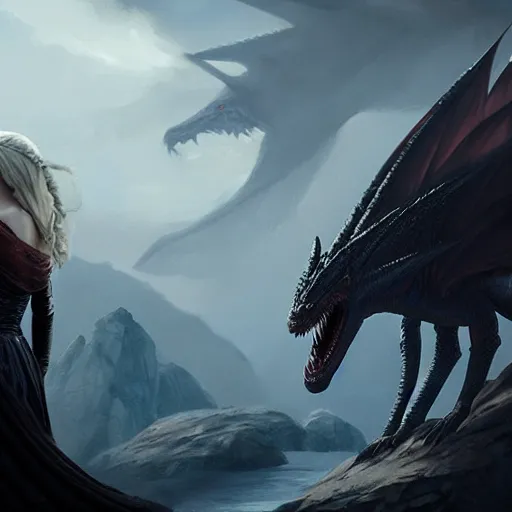 Prompt: daenerys targaryen, drogon, dragonriding, fire, blood, oil painting, Tooth Wu, Greg Rutkowski, RPG portrait, dynamic lighting, fantasy art, High contrast, depth of field