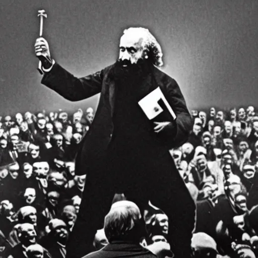 Image similar to Historical photo of Karl Marx fighting Donald Trump, high contrast black and white film photo, important historical photo