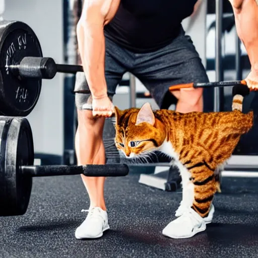 Image similar to an anthropomorphic cat doing deadlifts weight training exercise with a loaded barbell at a gym