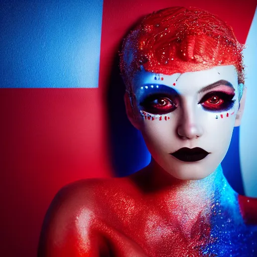 Image similar to A close-up of a beautiful girl with a surreal makeup reminding the swiss flag, octane render, bokeh, cyberpunk vibes, neons on the background