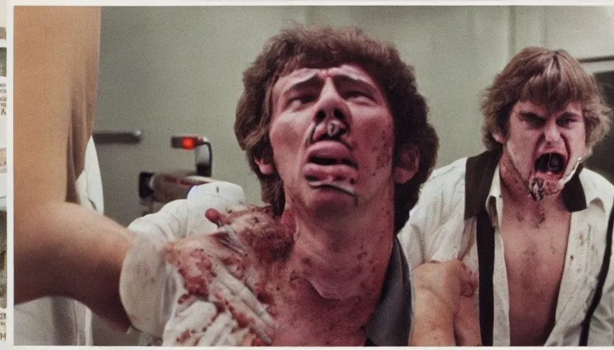 Prompt: 70s movie still of a man yelling with trypophobia flesh in hospital, eastmancolor, heavy grain, high quality, higly detailed, liminal space