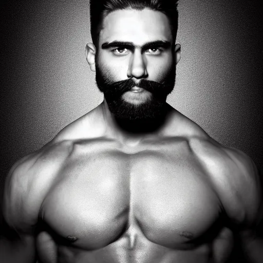 Prompt: A muscular man with an extremely chiseled jaw and dark beard, hair styled backwards, confident looking, black and white photo, softbox studio lighting