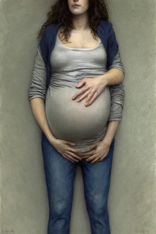 Prompt: very frightened pregnant woman under street light, jeans and sweater, by Alyssa Monks, Bouguereau