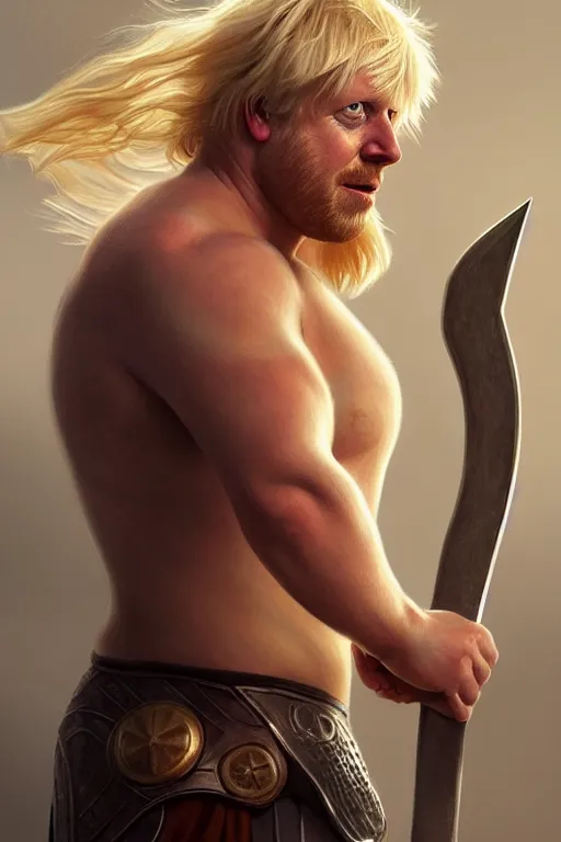 Image similar to Boris Johnson as Thor with axe, Boris Johnson hairstyle, full body realistic portrait, highly detailed, muscular body, digital painting, artstation, concept art, smooth, sharp focus, illustration, cinematic lighting, art by artgerm and greg rutkowski and alphonse mucha