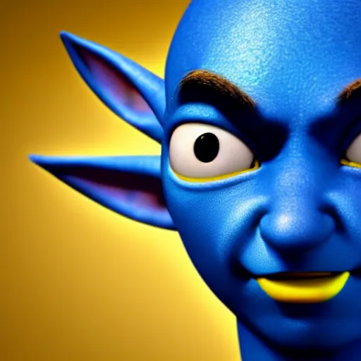 Image similar to a blue skinned male elf with yellow eyes, forwards facing, Pixar, high resolution