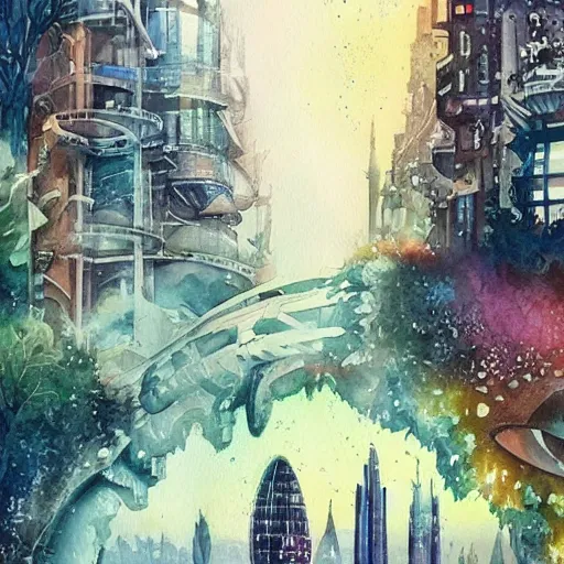 Image similar to Beautiful happy sci-fi city in harmony with nature. Nice colour scheme, soft warm colour. Beautiful detailed watercolor by Lurid. (2022)