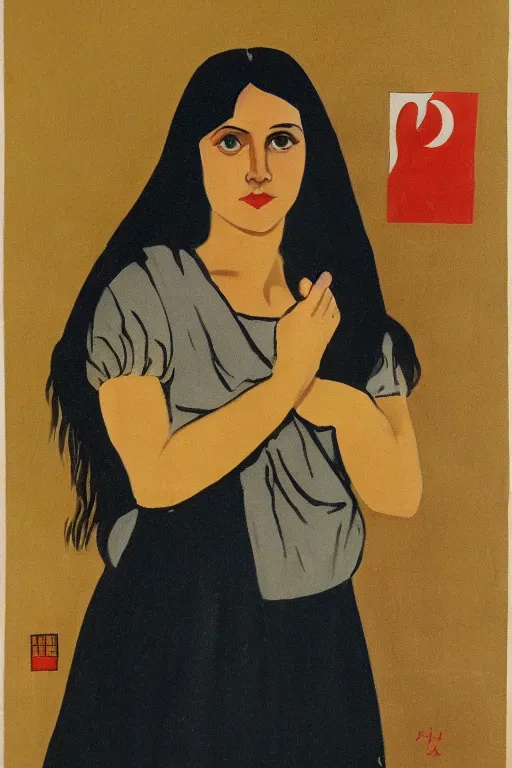 Prompt: young woman with long dark hair, serious look, peasant dress, soviet propaganda art