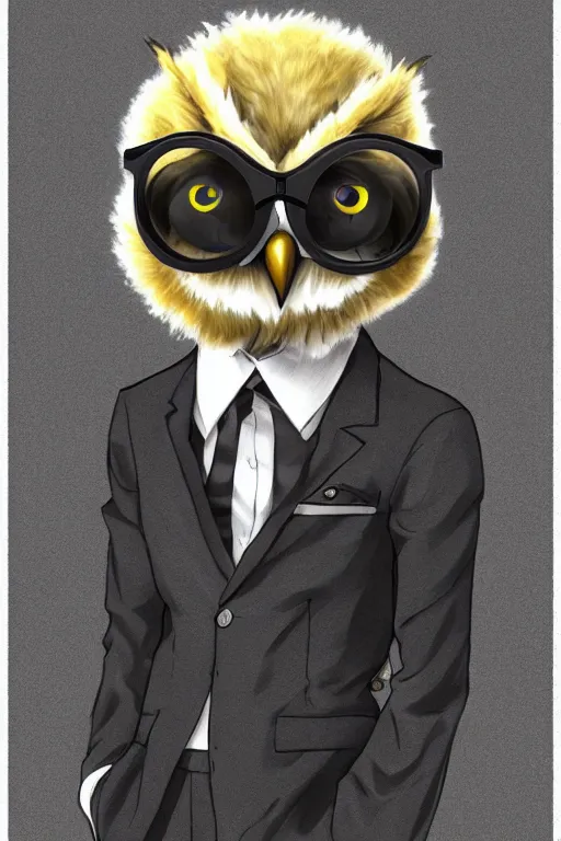 Prompt: an anthropomorphic owl wearing mechanical sunglasses and grey suit, by kawacy, trending on pixiv, anime, furry art, trending on furaffinity, mafia member