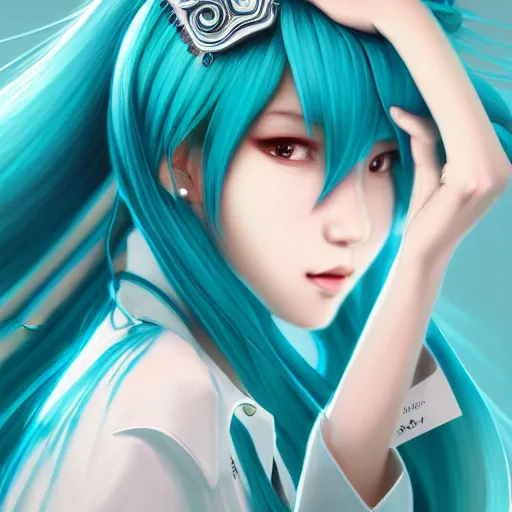 Image similar to portrait of hatsune miku, intricate, elegant, highly detailed, digital painting, artstation, concept art, smooth, sharp focus, illustration, by bartek fedyczak, erak note, tooth wu, neil richards, kan liu, siwoo kim, jisu choe