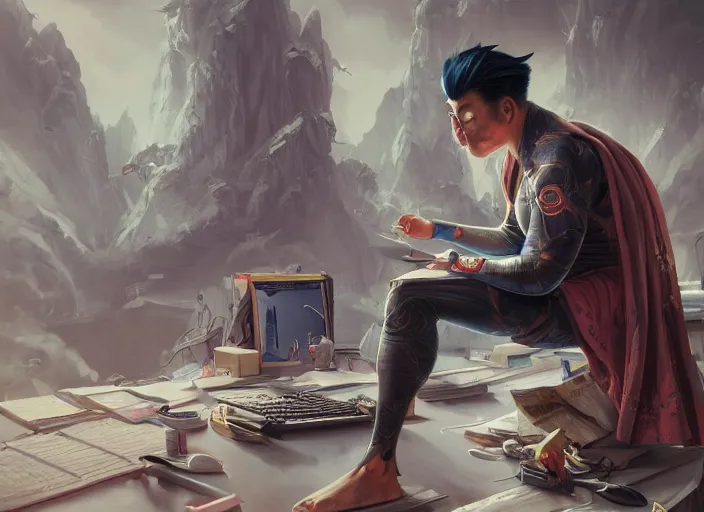 Image similar to an insanely detailed painting of an asian man wearing a homemade superhero costume, sitting at a desk, staring seriously at the computer and typing, in the style of peter mohrbacher, james jean, artgerm, dramatic lighting and composition, surreal background, octane render, pixar, trending on artstation, concept art, comic book, view from behind, 8 k