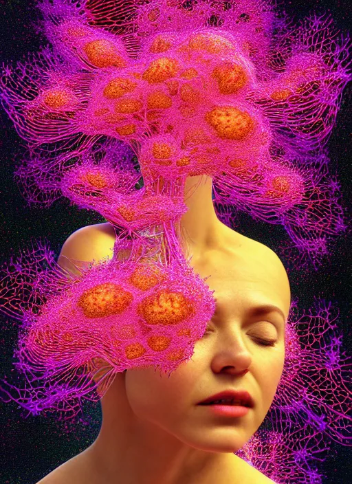 Image similar to hyper detailed 3d render like a Oil painting - Aurora (Singer) seen Eating of the Strangling network of yellowcake aerochrome and milky Fruit and Her delicate Hands hold of gossamer polyp blossoms bring iridescent fungal flowers whose spores black the foolish stars by Jacek Yerka, Mariusz Lewandowski, Houdini algorithmic generative render, Abstract brush strokes, Masterpiece, Edward Hopper and James Gilleard, Zdzislaw Beksinski, Mark Ryden, Wolfgang Lettl, hints of Yayoi Kasuma, octane render, 8k