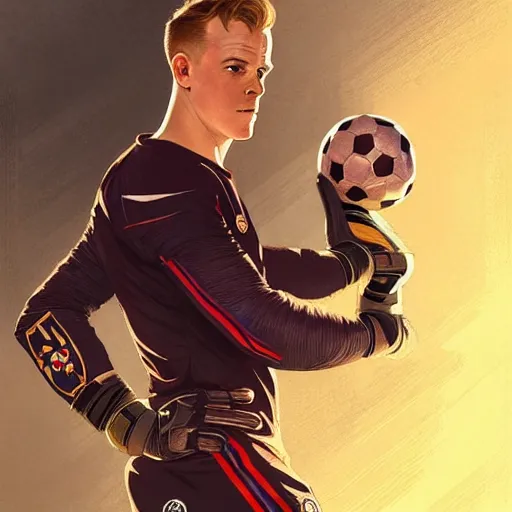 Image similar to Ter Stegen holding a bomb, goalkeeper, football pitch, D&D, fantasy, intricate, elegant, highly detailed, digital painting, artstation, concept art, matte, sharp focus, illustration, art by Artgerm and Greg Rutkowski and Alphonse Mucha