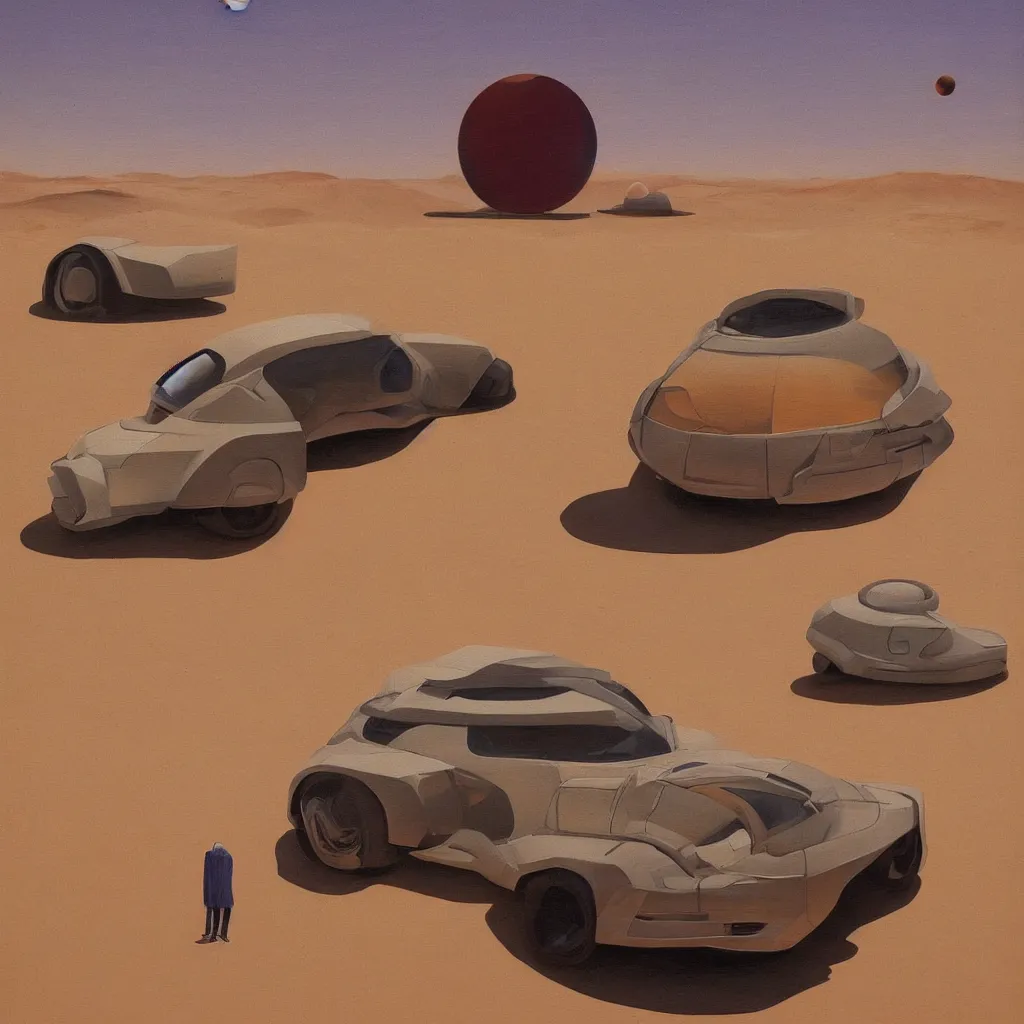 Prompt: a painting of a car in a desert with a planet in the background, an ultrafine detailed painting by edward okun, featured on dribble, retrofuturism, futuristic, y 2 k aesthetic, sci - fi