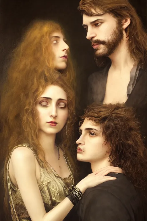 Image similar to a portrait of handsome young male rock star with long hair and his elegant beautiful bohemian wife, bored, illustration, dramatic lighting, soft details, painting oil on canvas, art nouveau, octane render, HDR, 4k, 8k, HD, by Edmund Blair Leighton, Brom, Charlie Bowater, trending on artstation, faces by Tom Bagshaw, Sargent