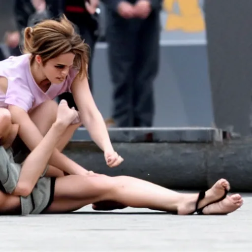Prompt: emma watson grappling big foot to the ground, blurry focus