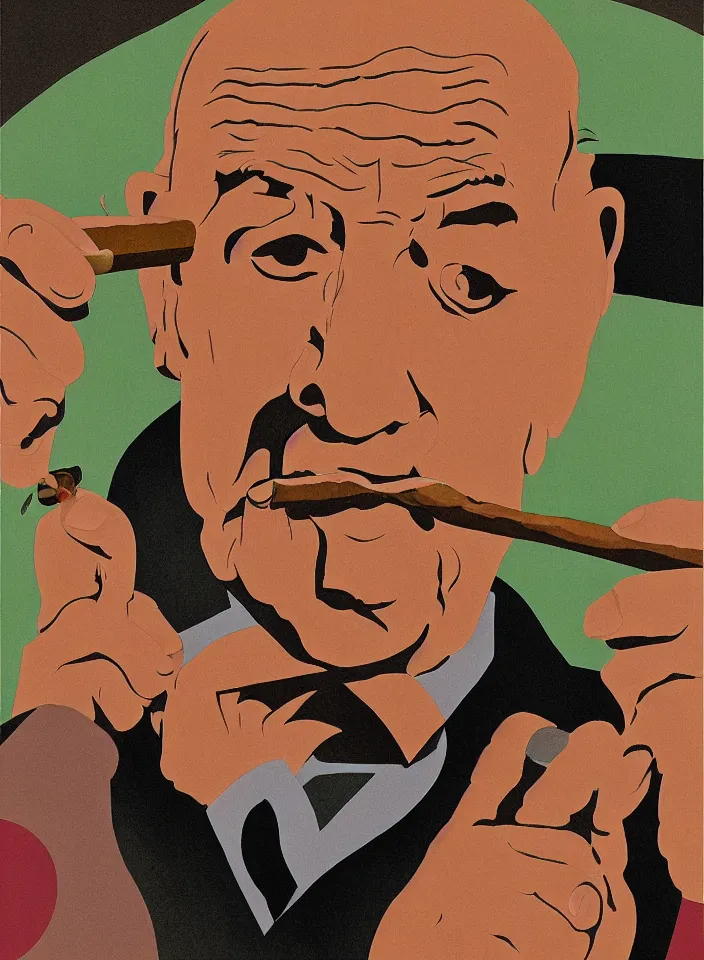 Prompt: graphic design, close portrait of an old man smoking a cigar by milton glaser and lilian roxon, detailed