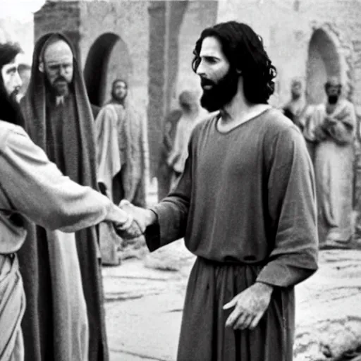 Image similar to film still of Homelander shaking jesus's hand