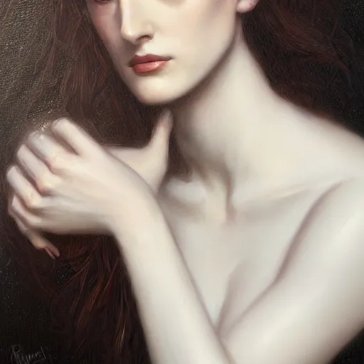 Prompt: beautiful striking Pre-Raphaelite Winona Ryder by Artgerm and Greg Rutkowski, pale, intricate, elegant, highly detailed, digital painting