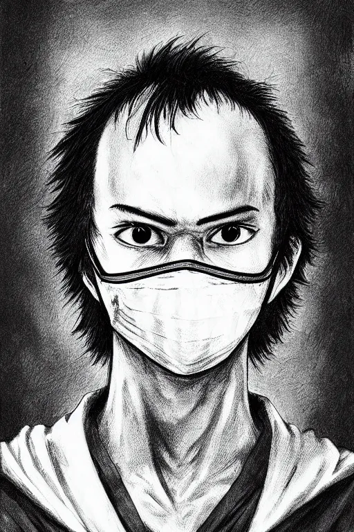 Image similar to portrait of young man wearing black medical mask, style of kentaro miura