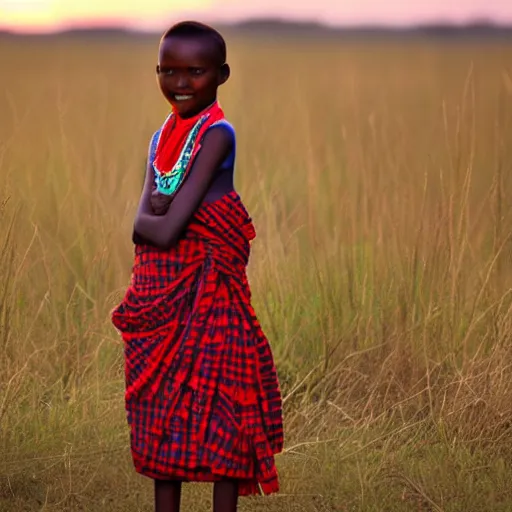 Image similar to a maasai girl standing in the savanna during a sunset