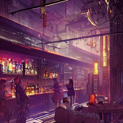 Image similar to a cyberpunk night bar, with bars of Zero G vodka on the shelf, intricate very detailed, colored manga line art, by Mucha and Craig Mullins, anime trending on artstation,