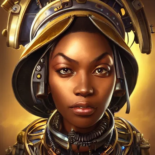 Image similar to african steampunk alchemist, science fiction, highly detailed, digital painting, beautiful eyes, symmetry, concept art, sharp focus, illustration, global illumination, radiant light, detailed and intricate environment, art by artgerm and greg rutkowski and magali villeneuve and ilya kuvshinov!