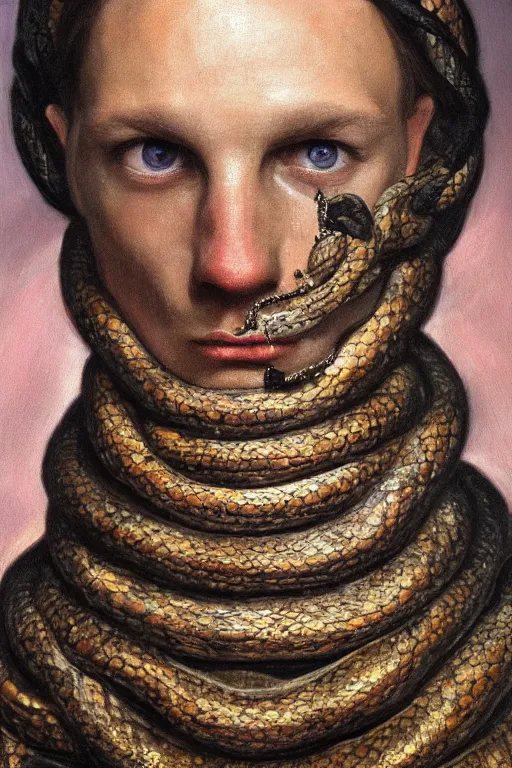 Image similar to hyperrealism oil painting, close - up portrait of face from a tangle of snakes medieval fashion model, knight, steel gradient mixed with nebula sky, in style of baroque