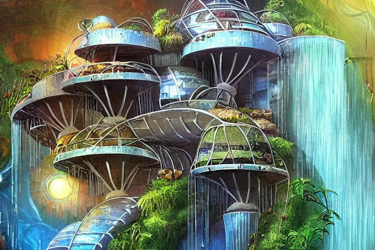 Prompt: favela bunker spaceship coaster hive, art nouveau waterfall environment, industrial factory, whimsical, award winning art, epic dreamlike fantasy landscape, ultra realistic,