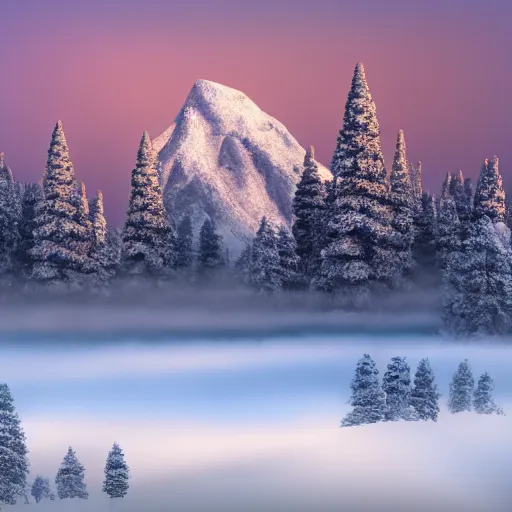 Prompt: tall snowy mountain range, realistic, detailed, fog, award winning photo, sunset, 8 k