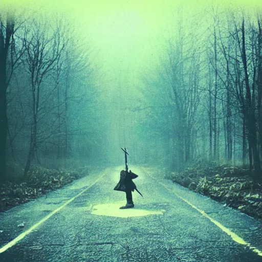 Image similar to polaroid samurai staying in front of huge abandoned hospital in woods, dark, moody, gloomy, foggy