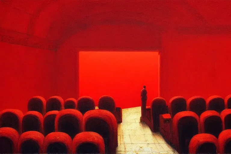 Image similar to only with red, crowd screaming, an exposed painting in a roman theater, in the style of beksinski, parts by edward hopper, parts by rodcenko, parts by yue minjun, intricate and epic composition, red by caravaggio, insanely quality, highly detailed, masterpiece, red light, artstation, 4 k