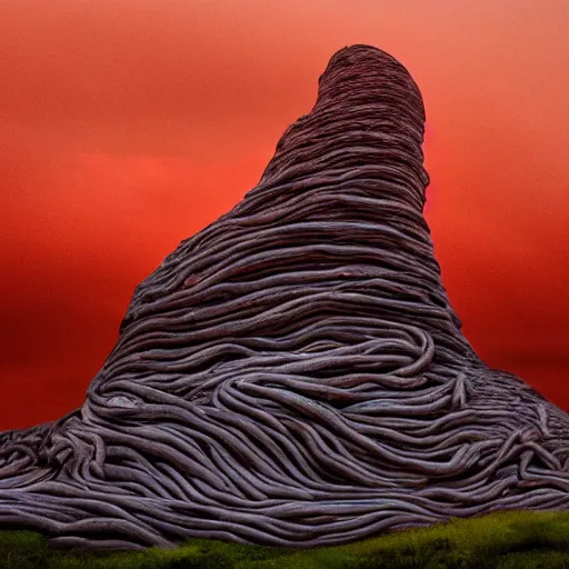 Prompt: a landscape made of giant intestines and other organs, monoliths of bone, rivers of blood, under an oppressive red sky