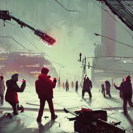 Prompt: Workers struggle against the bourgeoisie, workers strike, Simon Stalenhag, Wadim Kashin, digital art, trending on artstation, cinematic