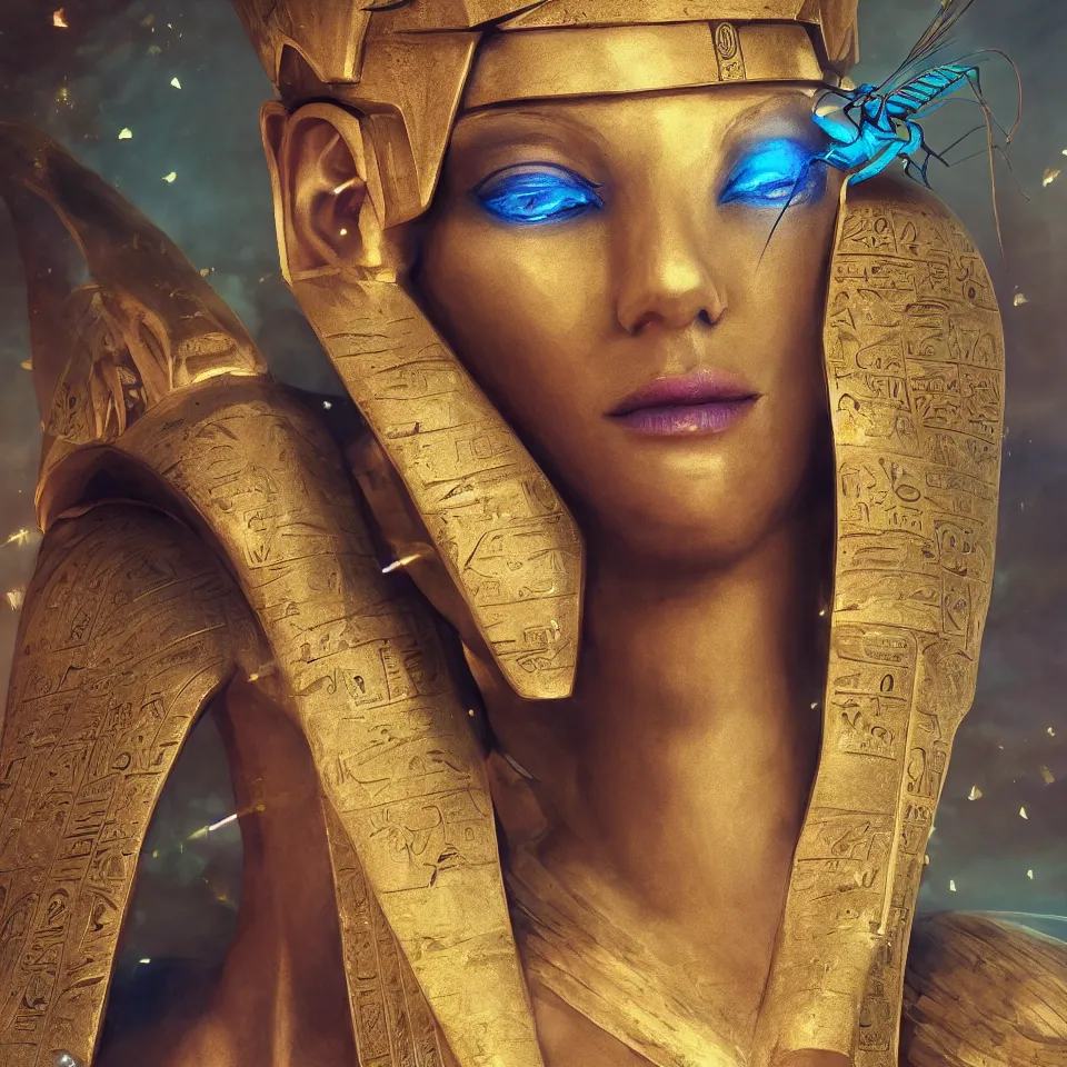 Prompt: watercolor side portrait , fantasy , Pharaoh , ancient Egypt , high details , HD , gold accessories , blue Egyptian bug , hyper realistic , sci-fi neon background , octane render