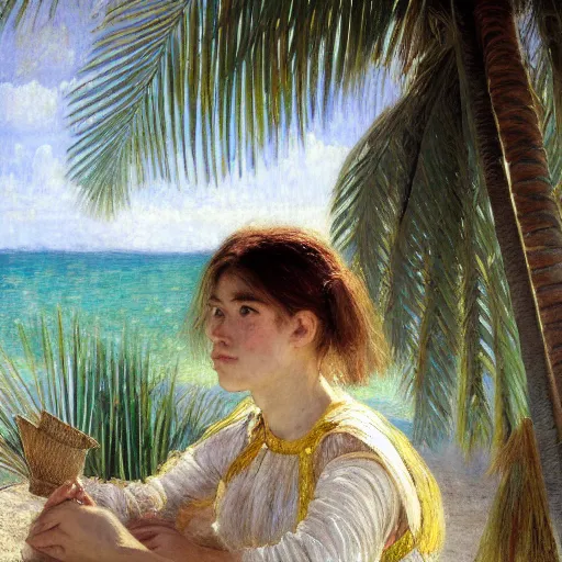 Image similar to a ultradetailed beautiful painting of a girl in the amazonas palace designed by jules bastien - lepage, hans belmer, frank weston and gustave baumann, beach, trending on artstation, mediterranean, palm trees, refracted color sparkles, sharp focus, soft light, 8 k 4 k