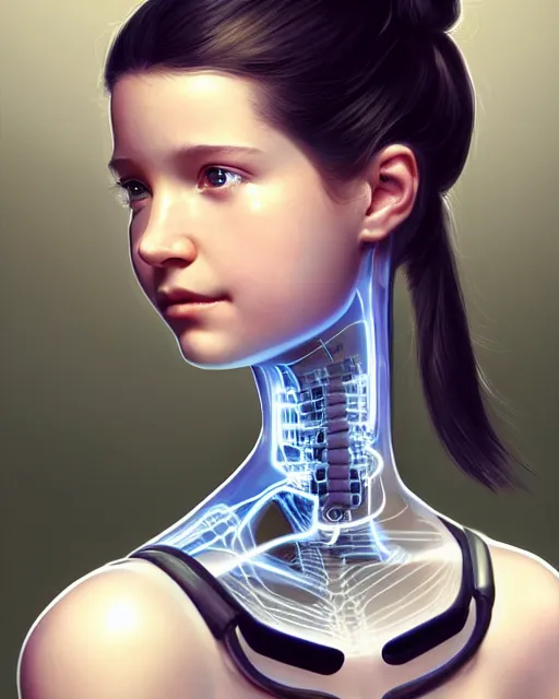 Prompt: weta disney pixar movie still head and torso portrait photo of young millie alicia bobby vikander brown with a white ponytail as thoughtful intricate detailed mechanical translucent cyborg girl opening up her chest by pixar, by weta, wlop, ilya kuvshinov, rossdraws, artgerm, latex, iridescent, bright morning, anime, liosh, mucha