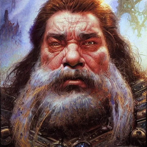 Image similar to art by donato giancola and bayard wu and gustav moreau and wayne barlowe, portrait, a fantasy cinematic close up shot of a dwarf berserker, warhammer, dnd, last stand