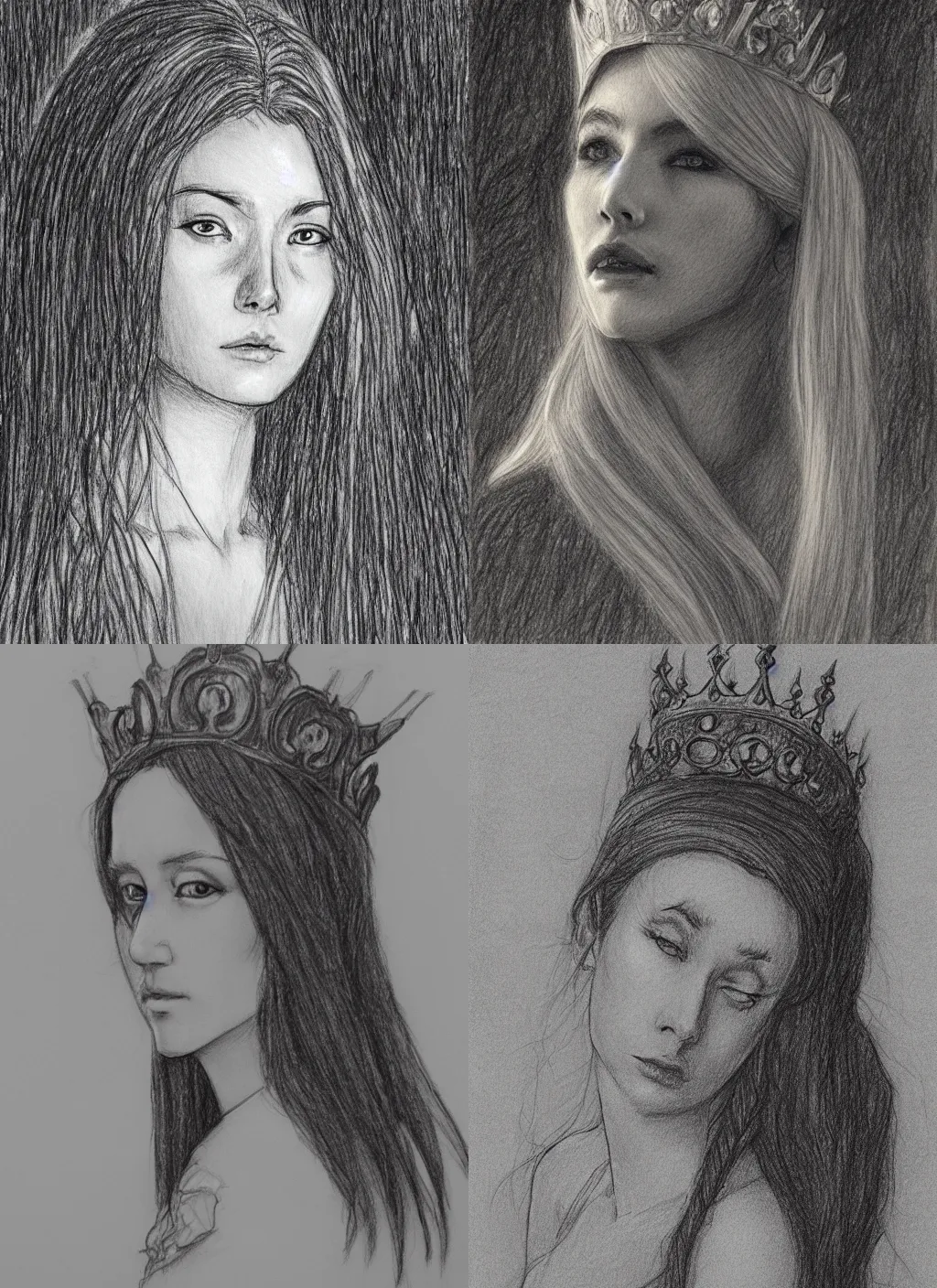 Prompt: a drawing of a queen with long hairs in the style of brian fround and alan lee, cinematic lighting