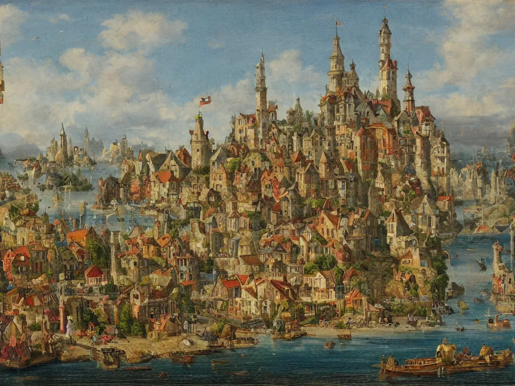 Prompt: a fantasy town, viewed from the harbor, by jean - baptist monge,