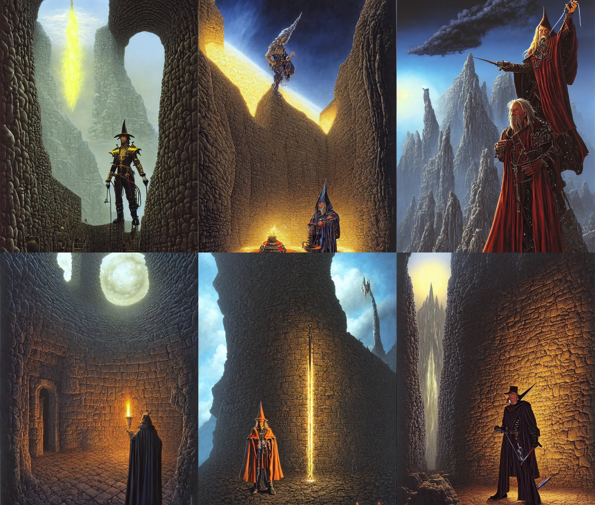 Prompt: peter elson painting of highly detailed, hyper realistic wizard with a dungeon background