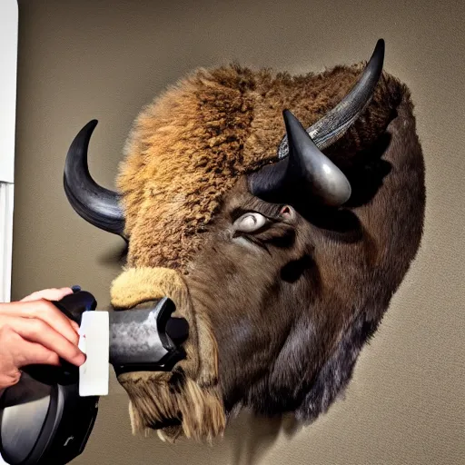 Prompt: hunting trophy bison head in oculus vr nailed to the wall,