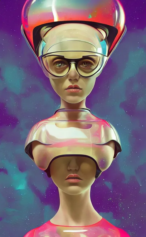 Prompt: portrait of a girl wearing very super tight latex dress and wearing a futuristic helmet by Petros Afshar and Beeple, James Gilleard, Mark Ryden, Wolfgang Lettl highly detailed