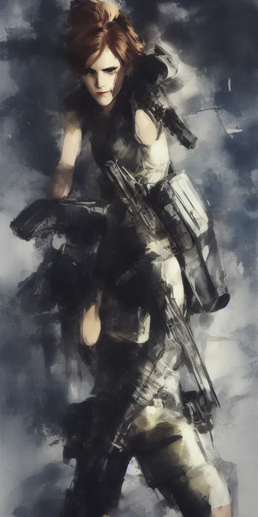 Image similar to emma watson wearing metal gear armor holding ak-47 dramatic lighting art by Yoji Shinkawa by Richard Schmid by greg rutkowski by Sandra Chevrier by Jeremy Lipking cinematic dramatic