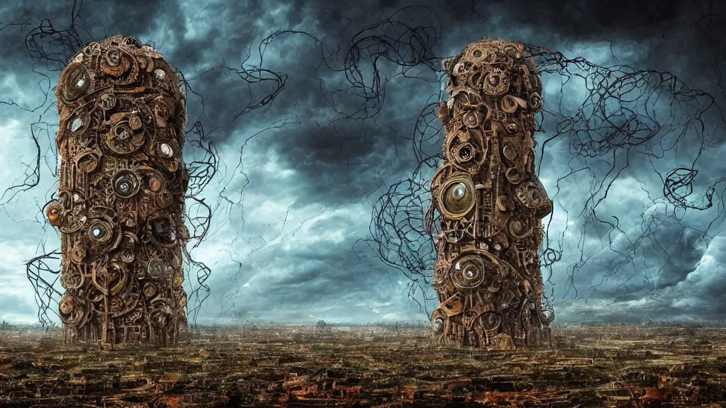 Image similar to giant bio-organic fleshy complex machine tower! with tendrils!! and one eyeball!!! at the top looking over a stormy post-apocalyptic wasteland, dystopian art, with art direction by Salvador Dalí, wide lens