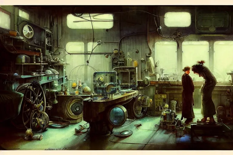 Image similar to ( ( ( ( ( 1 9 5 0 s retro science fiction mechanics shop interior scene. muted colors. ) ) ) ) ) by jean - baptiste monge!!!!!!!!!!!!!!!!!!!!!!!!!!!!!!